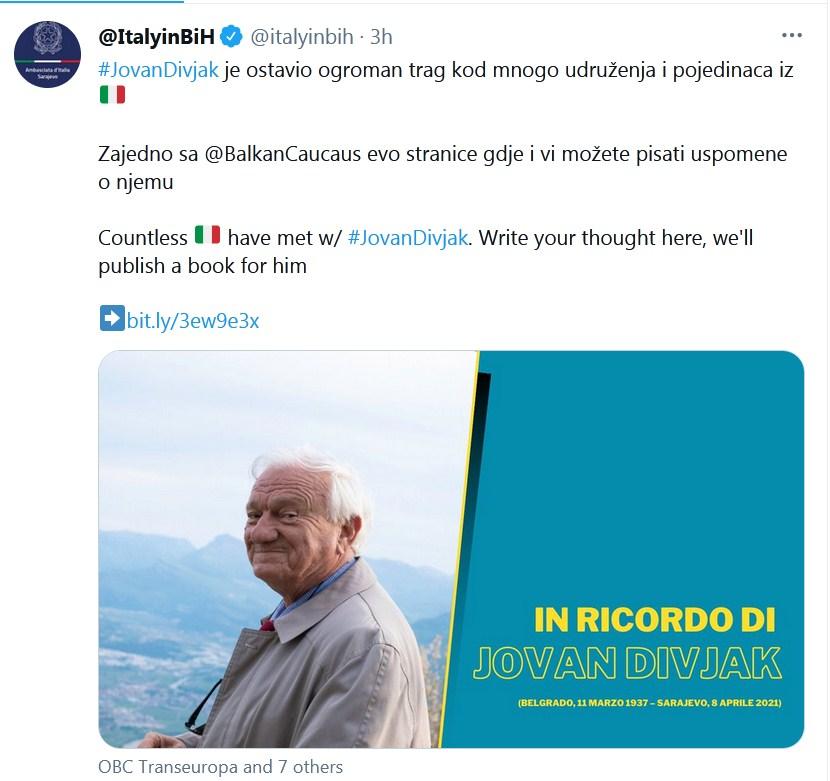 Objava Ambasade Italije u BiH - Avaz