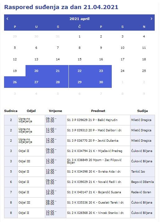 Raspored suđenja za 21.april - Avaz