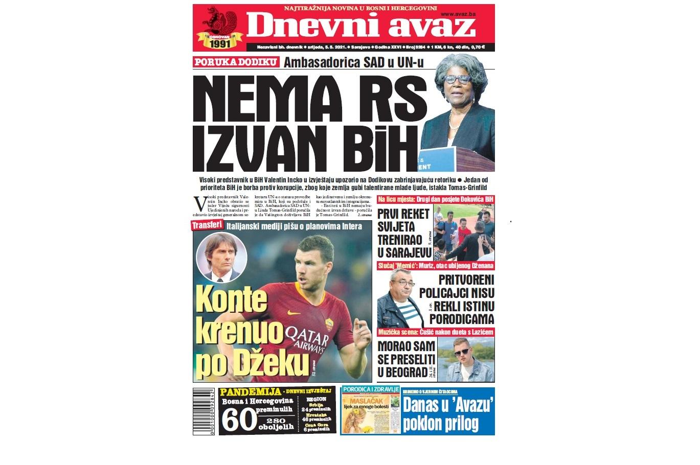 Danas u "Dnevnom avazu" čitajte: Nema RS izvan BiH