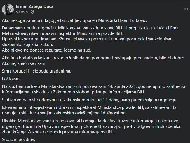 Status koji je Zatega objavio na Facebooku - Avaz