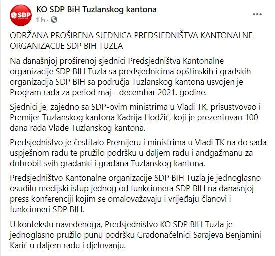 Objava KO SDP BiH Tuzlanskog kantona - Avaz