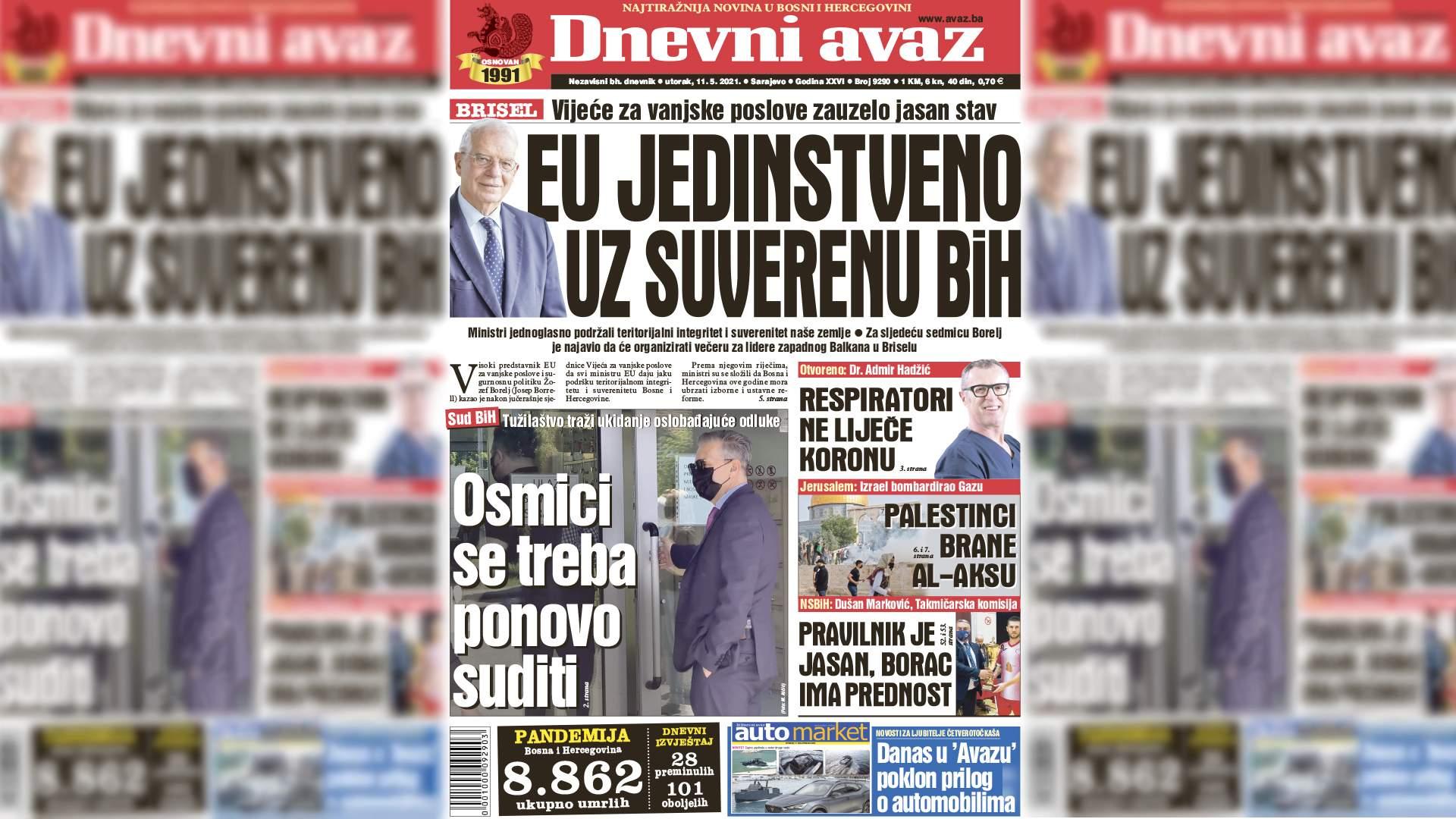 Danas u "Dnevnom avazu" čitajte: EU jedinstveno uz suverenu BiH