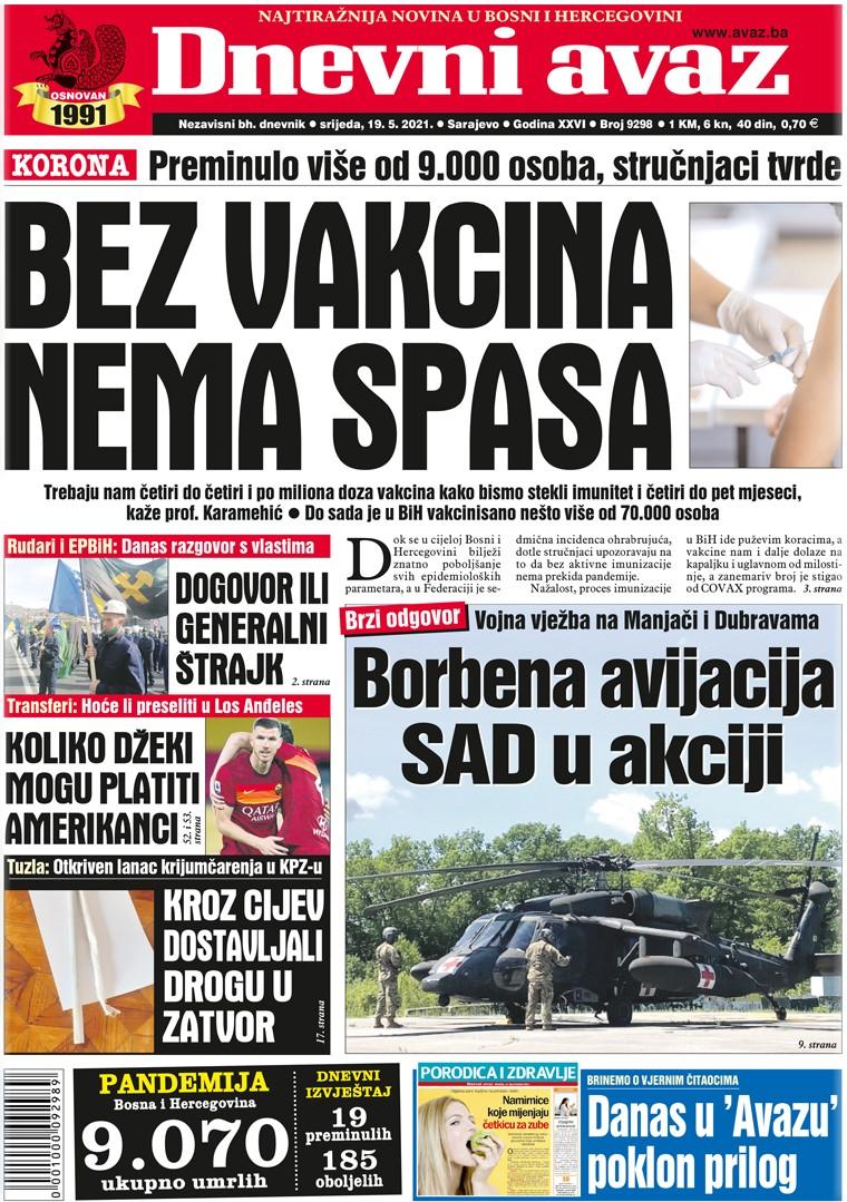 Današnja naslovnica "Dnevnog avaza" - Avaz