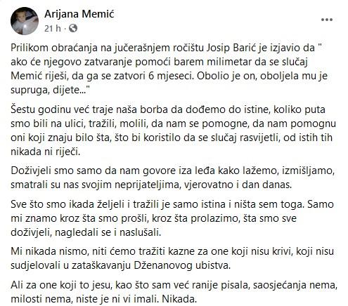 Status koji je objavila Memić - Avaz