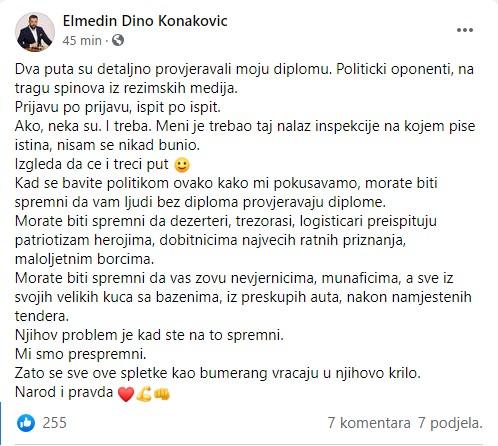 Objava Elmedina KOnakovića na Facebooku - Avaz