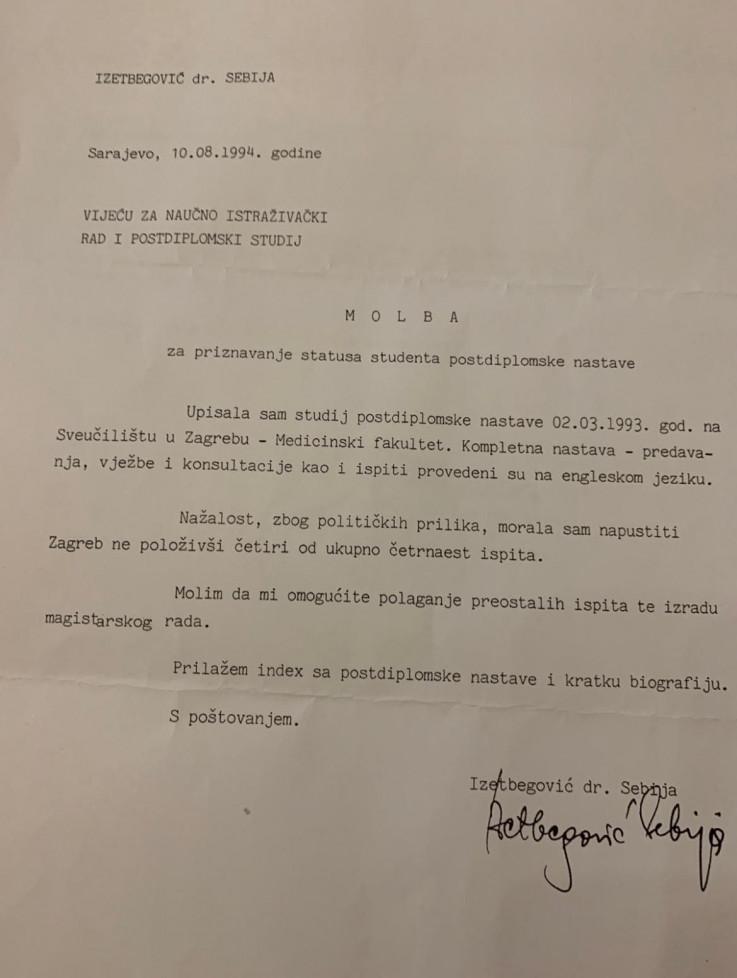 Facsimile of request sent by Sebija to the Council for Scientific Research and Postgraduate Studies in which she claims that she has passed ten exams and requests that she is allowed to take the remaining four exams - Avaz