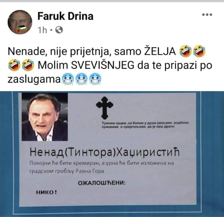 Gnusna poruka estradnog menadžera Faruka Drine: Nadam se će Hadžifejzovića strefiti il' srčani il' moždani