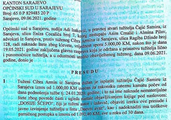 Faksimil presude Općinskog suda u Sarajevu - Avaz