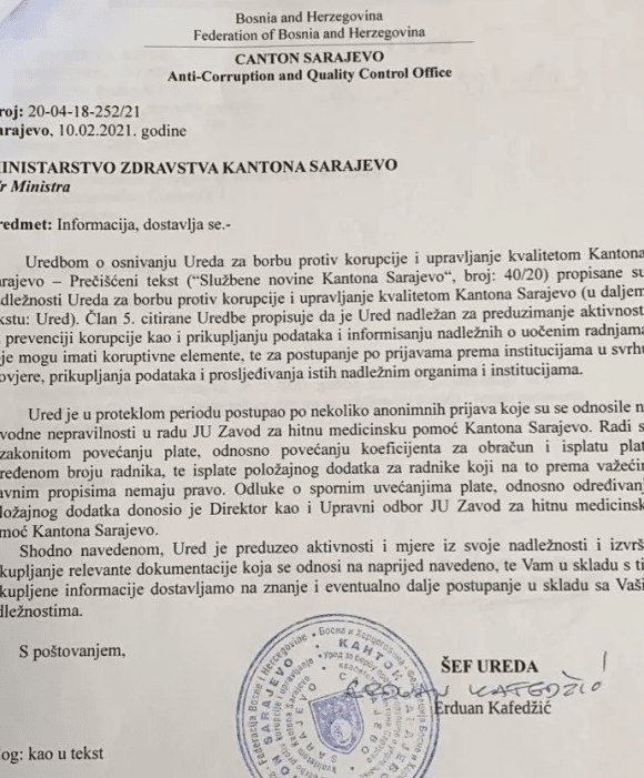 Faksimil informacije Ureda za borbu protiv korupcije - Avaz