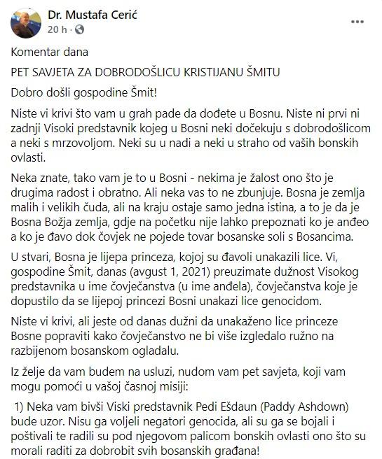 Objava Cerića na Facebooku - Avaz