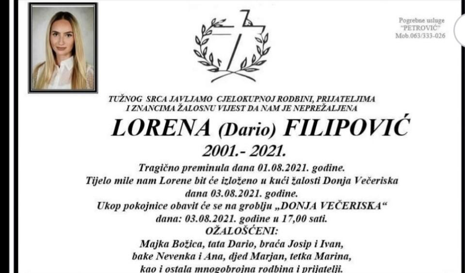 Sutra sahrana Loreni Filipović - Avaz