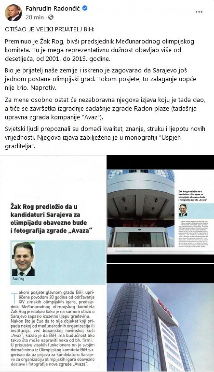 Fahrudin Radončić's status on Facebook - Avaz