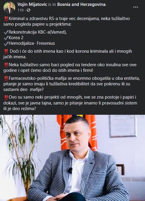 Objava Mijatovića na Facebooku - Avaz