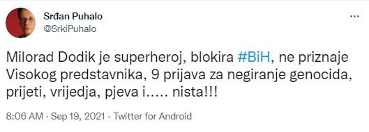 Objava Srđana Puhala na Twitteru - Avaz