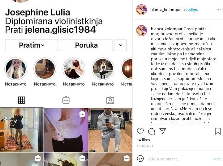 Bjankina objava na Instagramu - Avaz