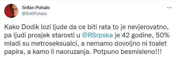 Objava Srđana Puhala na Twitteru - Avaz