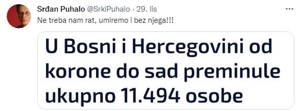 Objava Puhala na Twitteru - Avaz