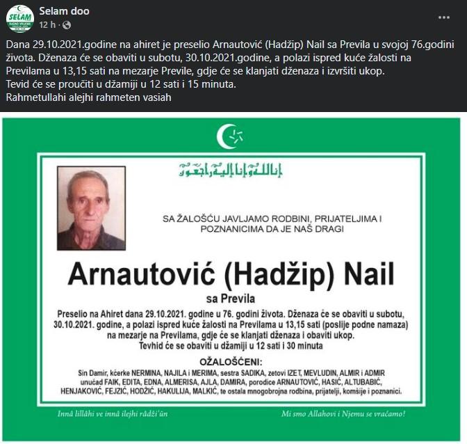 Osmrtnica za rahmetli Naila koji je ukopan danas - Avaz