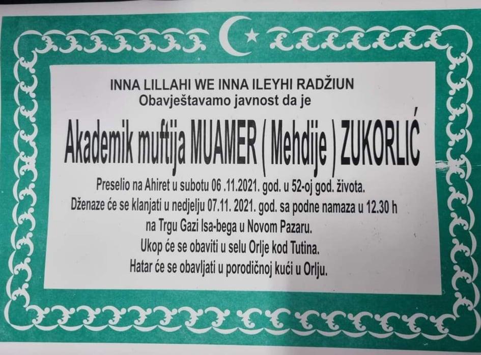 Smrtovnica muftije Zukorlića - Avaz