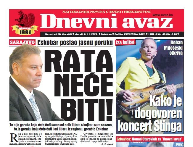 Danas u "Dnevnom avazu": Rata neće biti!