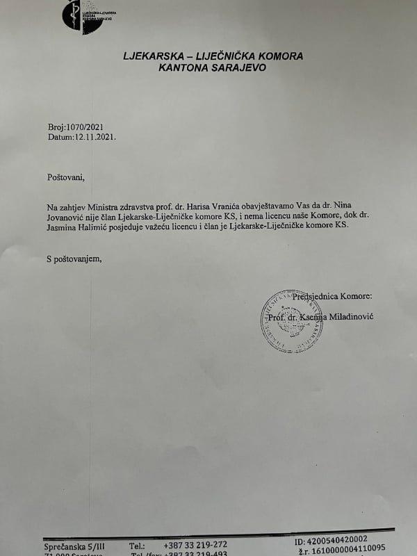 Dopis Ljekarske komore KS - Avaz