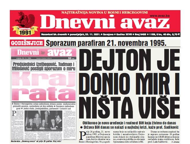 Današnji "Dnevni avaz": Dejton je donio mir i ništa više