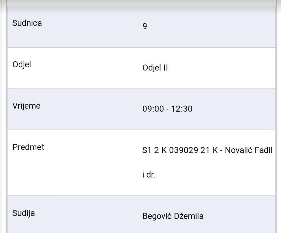 Raspored suđenja za 24. novembar gdje se vidi da je zakazano ročište Novaliću i drugima - Avaz