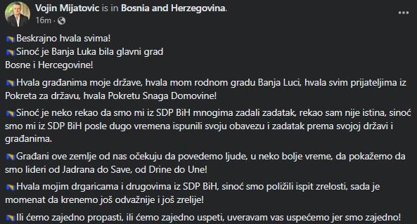 Objava Vojina Mijatovića na Facebooku - Avaz