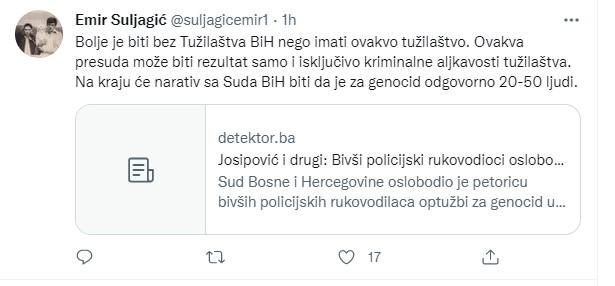 Objava Suljagića na Twitteru - Avaz