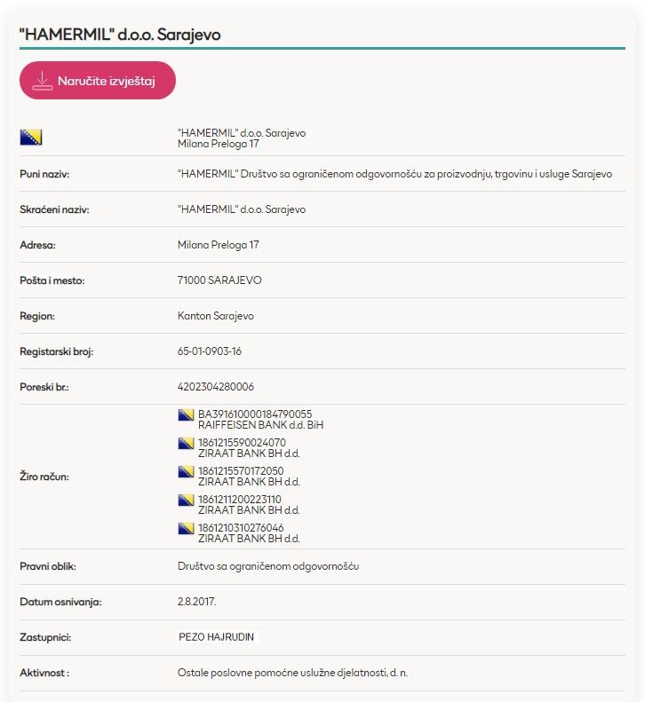 Izvještaj „Bisnode BiH“ dokazuje da je Pezo predstavnik kompanije HAMERMIL - Avaz
