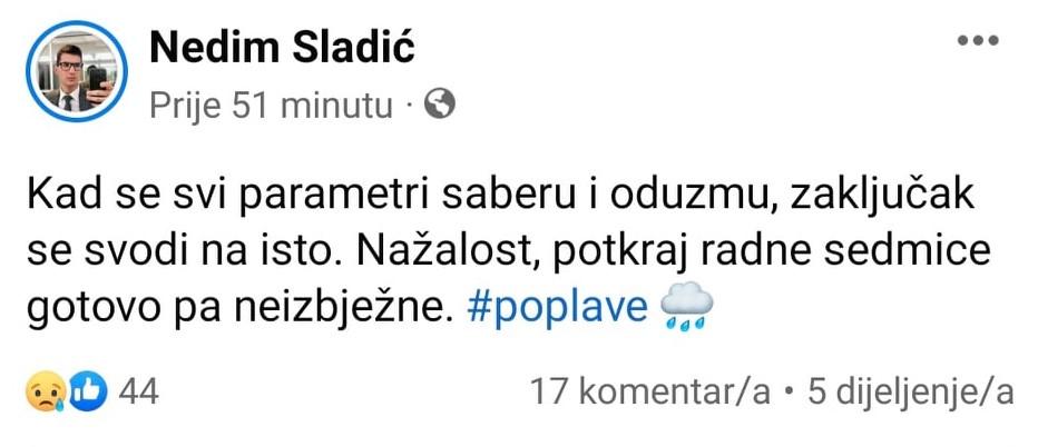 Objava Sladića na Facebooku - Avaz