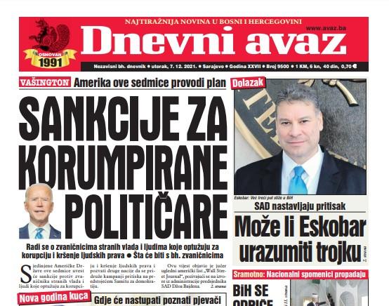 Danas u "Dnevnom avazu" čitajte: Sankcije za korumpirane političare