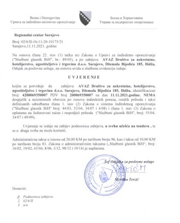 Certificate of the Tax Administration of the Federation of B&H that the company "Avaz" d.o.o. does not owe any tax - Avaz