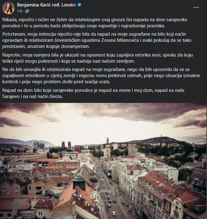 Objava gradonačelnice Sarajeva na Facebooku - Avaz