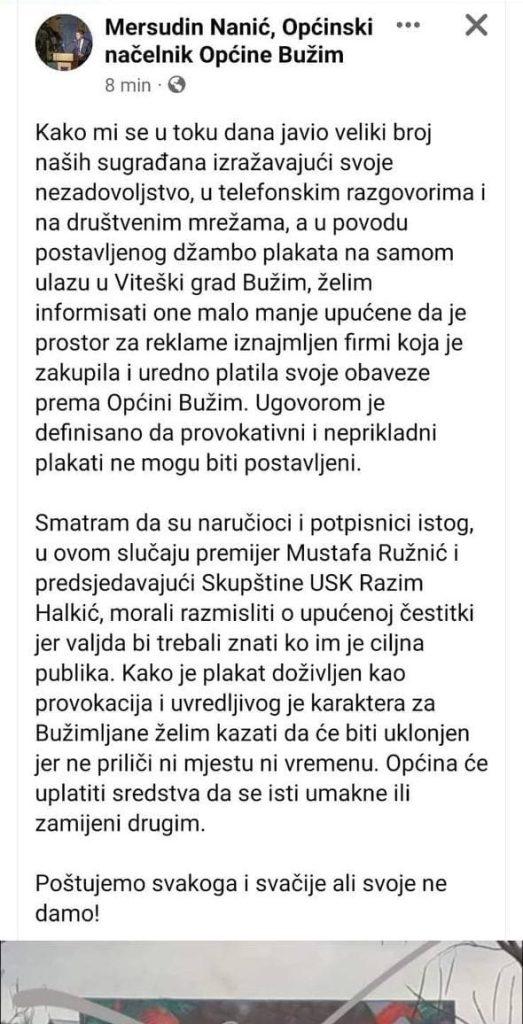 Objava na Facebook stranici načelnika Bužima - Avaz