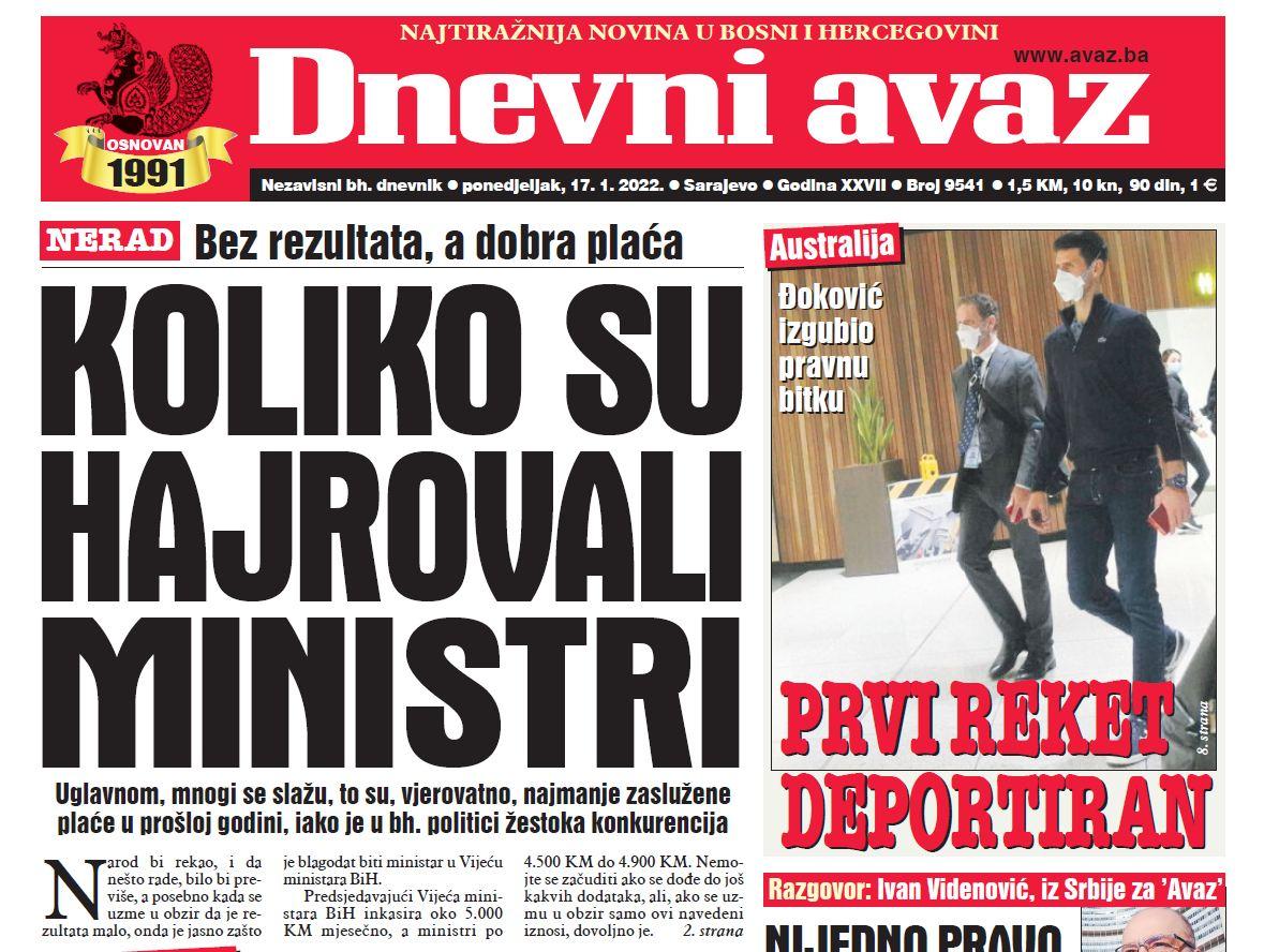 Danas u "Dnevnom avazu" čitajte: Koliko su hajrovali ministri