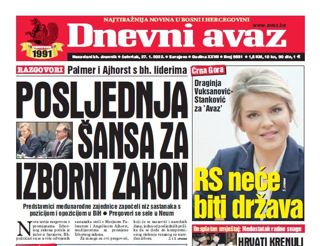 Danas u "Dnevnom avazu" čitajte: Posljednja šansa za Izborni zakon