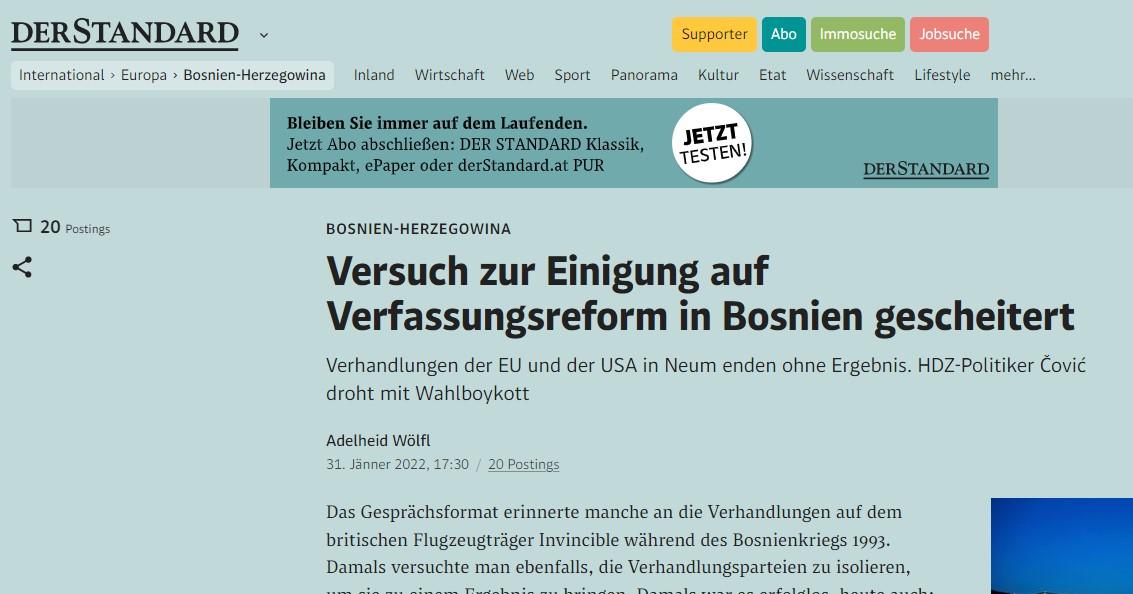 "Der Standard" pregovore u Neumu uporedio s onima iz 1993. na nosaču aviona: Bilo je neuspješno tada, a i danas je