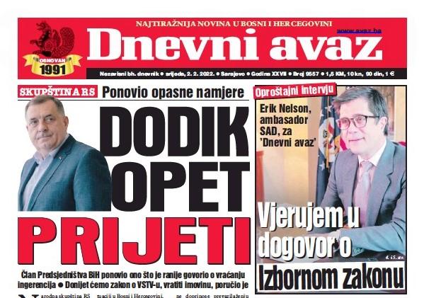 Danas u "Dnevnom avazu" čitajte: Dodik opet prijeti