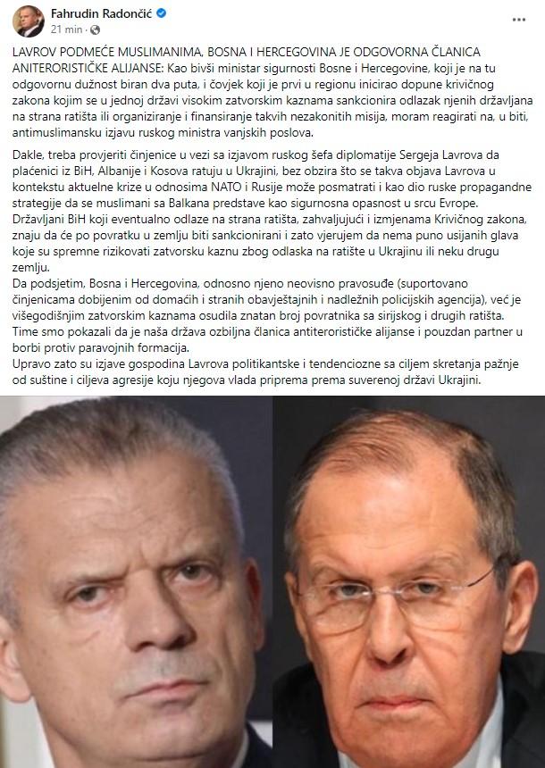 Radončić: Lavrov's anti-Muslim statement - Avaz