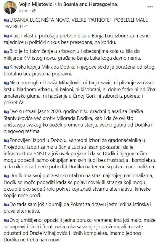 Objava Mijatovića na Facebooku - Avaz