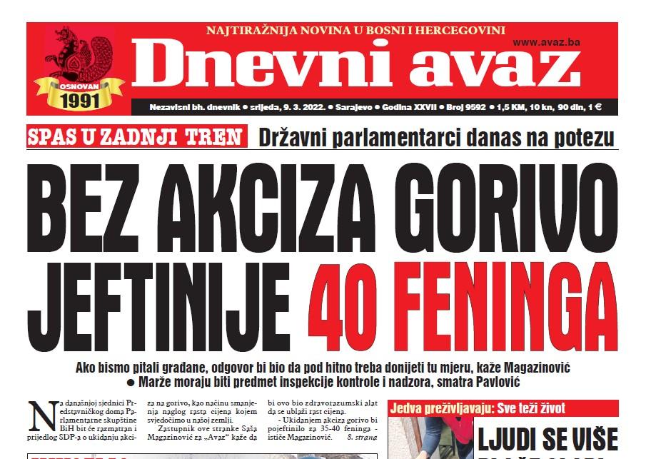 Danas u "Dnevnom avazu" čitajte: Bez akciza gorivo jeftinije 40 feninga