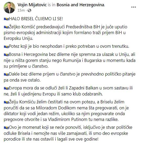 Objava Vojina Mijatovića na Facebooku - Avaz