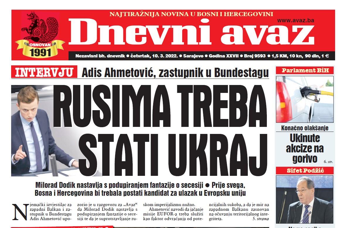 Danas u "Dnevnom avazu" čitajte: Rusima treba stati ukraj