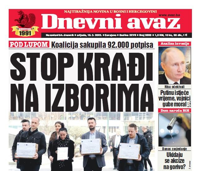 Danas u "Dnevnom avazu" čitajte: Stop krađi na izborima