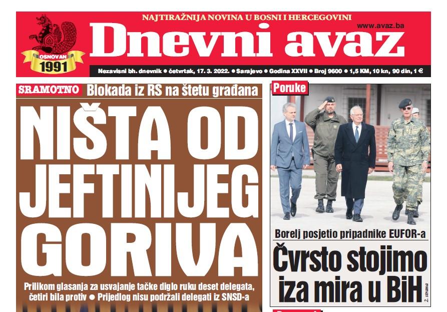 Danas u "Dnevnom avazu" čitajte: Ništa od jeftinijeg goriva