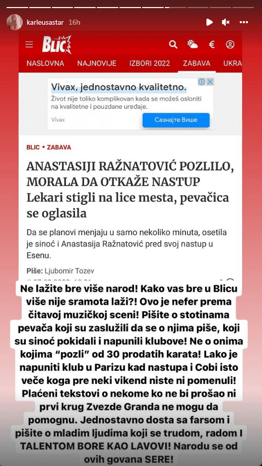 Objava Jelene Karleuše - Avaz