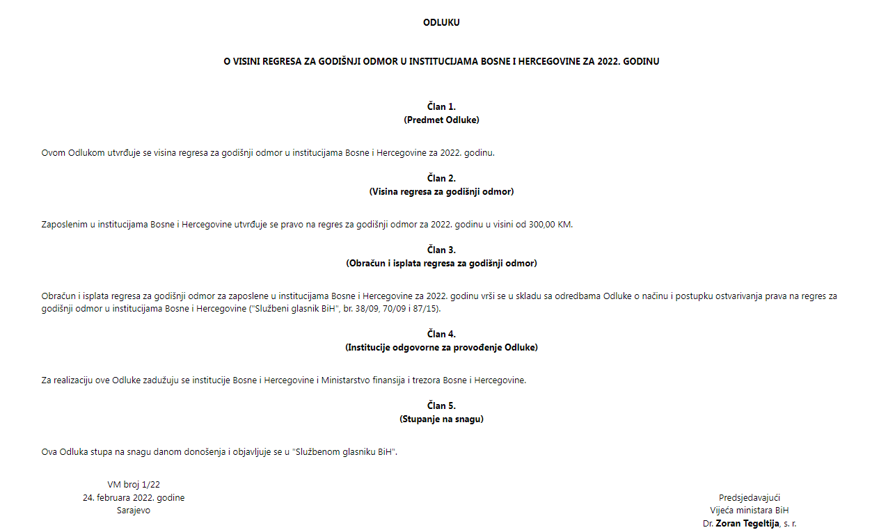 Odluka objavljena u Službenom listu Bosne i Hercegovine - Avaz