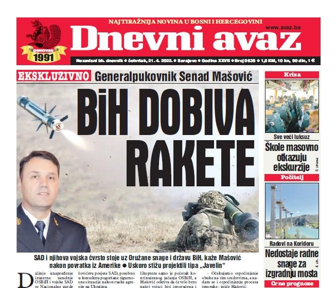 Danas u "Dnevnom avazu" čitajte: BiH dobiva rakete