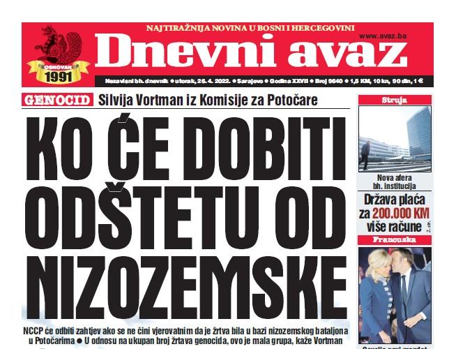 Danas u "Dnevnom avazu" čitajte: Ko će dobiti odštetu od Nizozemske